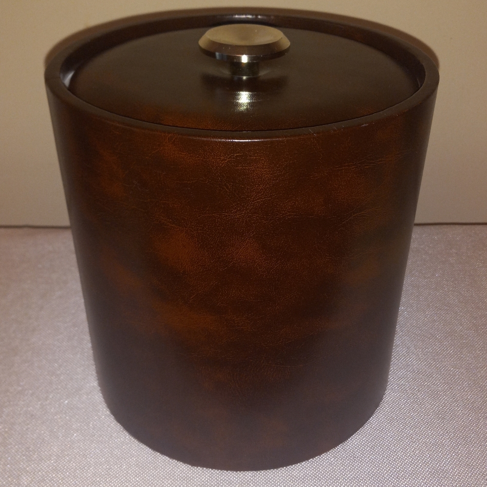 Vtg Brown Faux Leather Insulated Ice Bucket MCM Barware